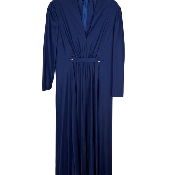 Vintage Navy Blue Evening Dress Rhinestone Buttons Long-Sleeves V-Neck Gathered - Picture 3 of 7